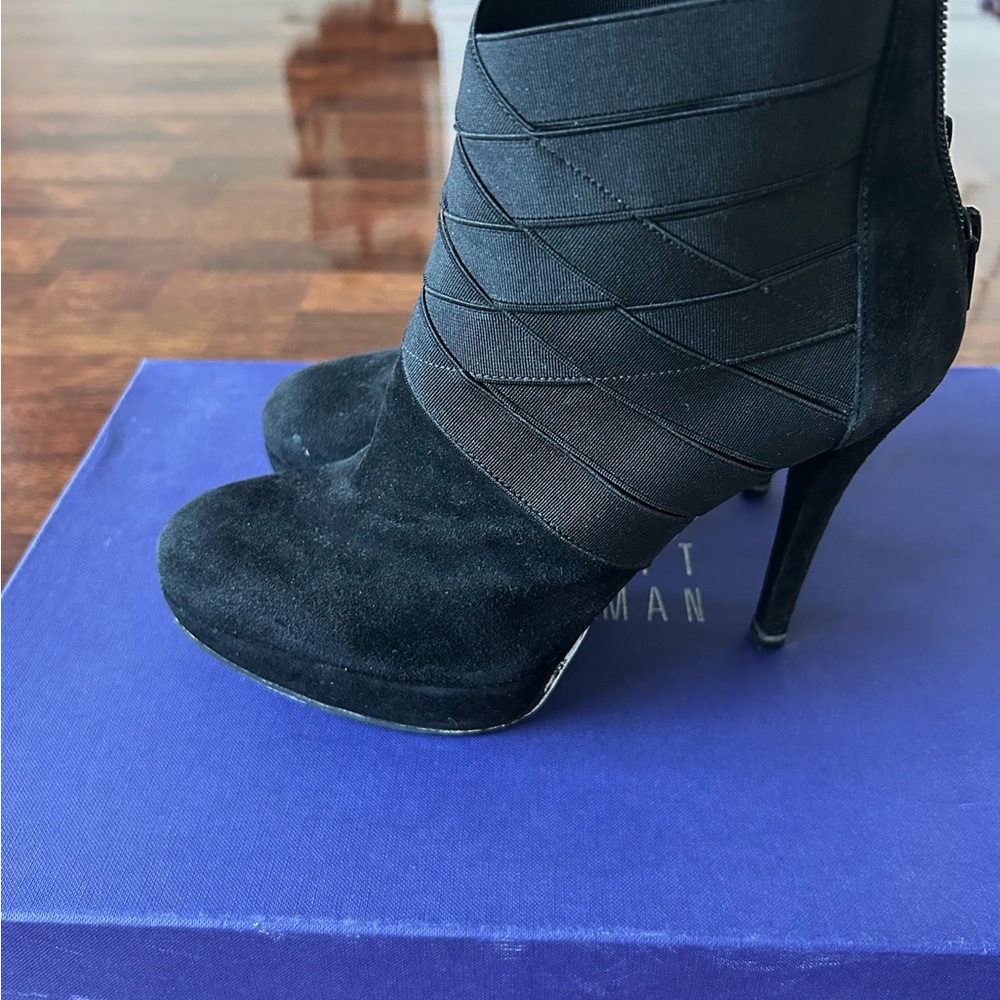 Stuart Weitzman Black Heeled Suede Booties with Textured Elastic Design